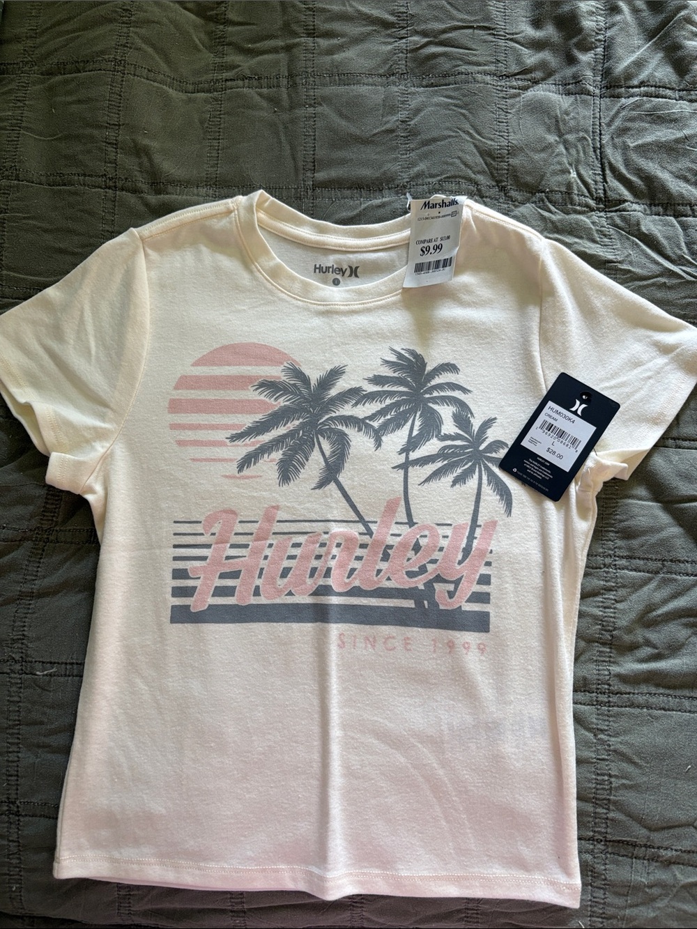 Hurley Cream Tee with Pink and Gray Palm Graphic